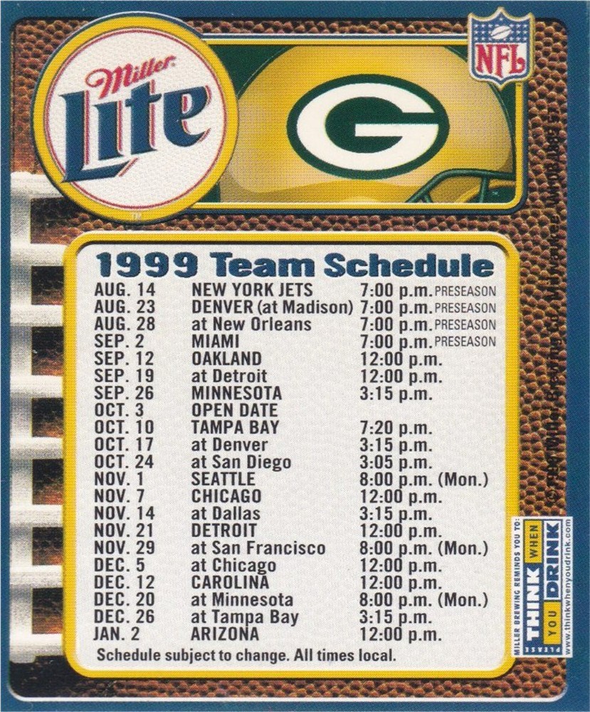 1999 Green Bay Packers NFL Football Pocket Schedule- Miller Beer
