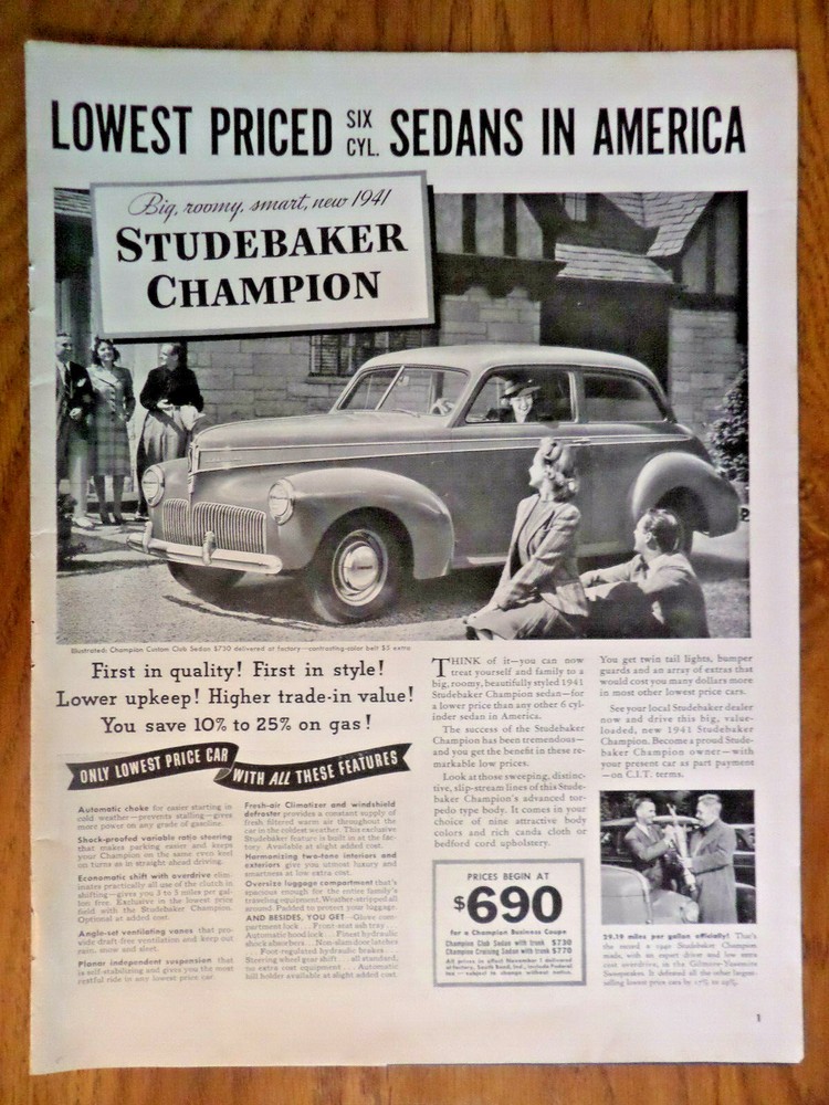 1941 Studebaker Champion Club Sedan Ad Showcases Quality Style Easy Upkeep-image