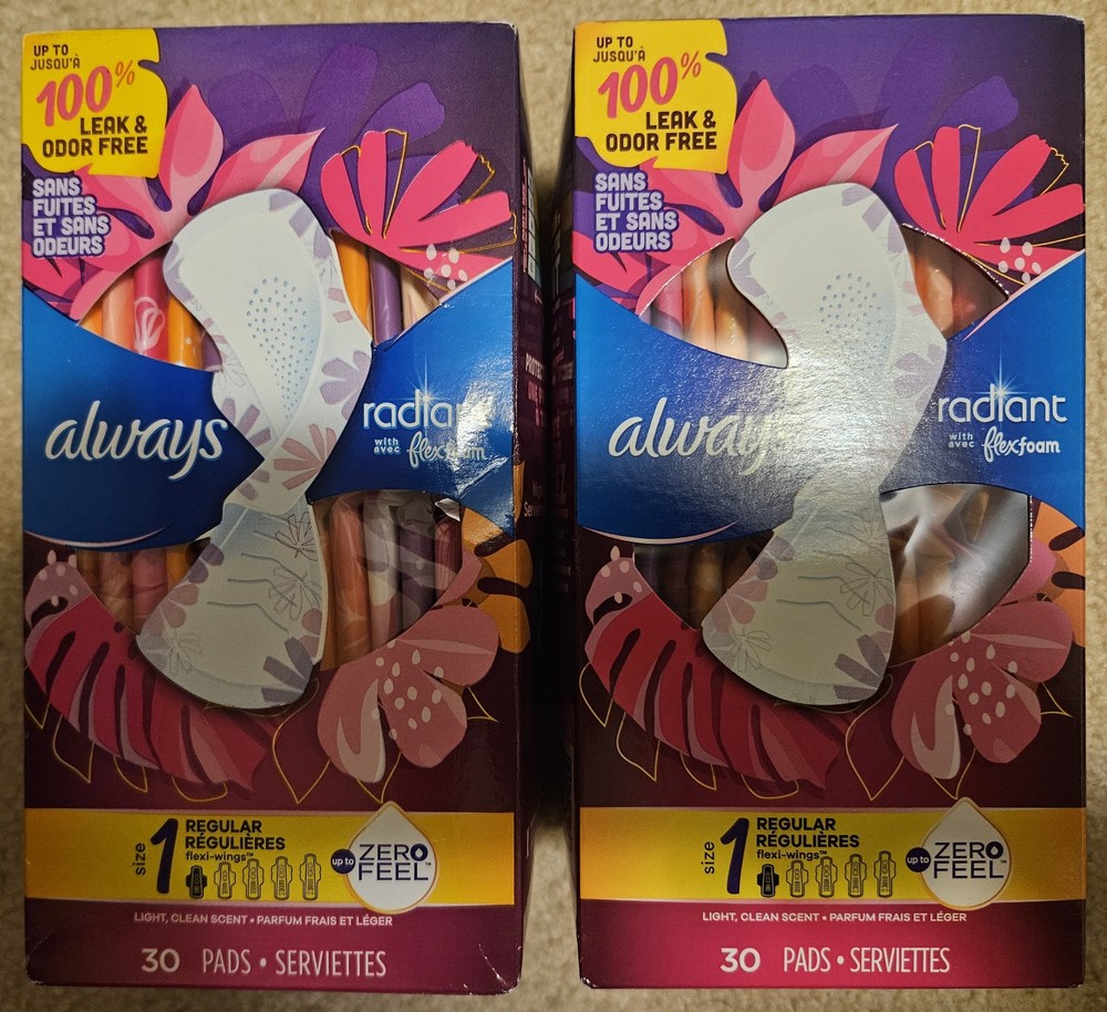 Always Radiant Flexfoam Light Scent Wings Pads Size 1 30 Count 2 Pack