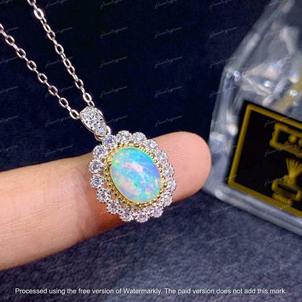 3Ct Oval Cut Fire Opal Two Tone Women's Pendant 14K White Gold Finish Free Chain