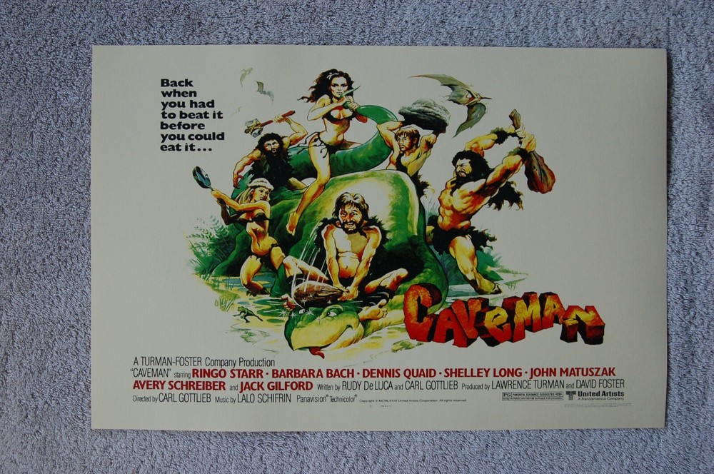 Vintage Caveman Lobby Card Poster Featuring Ringo Starr and Dennis Quaid
