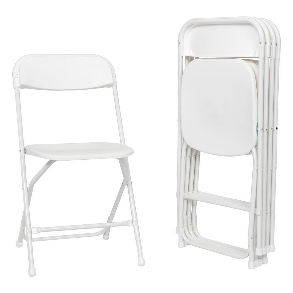 6 Stackable White Plastic Folding Chairs with Steel Frame for Weddings and Parties