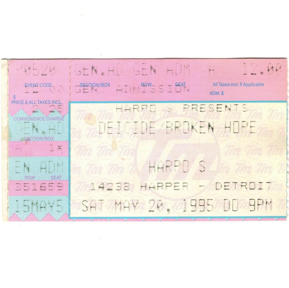 DEICIDE & BROKEN HOPE Concert Ticket Stub DETROIT MICHIGAN 5/20/95 HARPO'S Rare