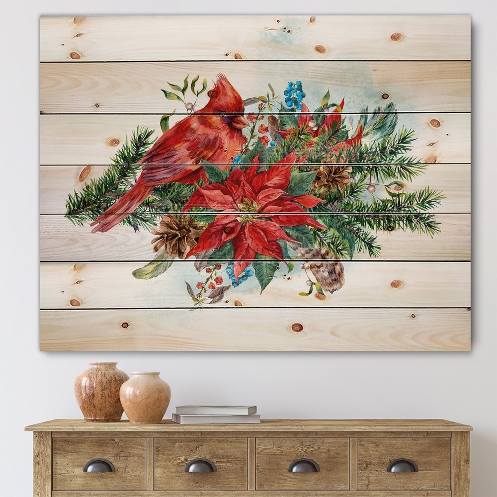 Designart Christmas Poinsettia with Red Cardinal Bird Festive Holiday Wall Art Decor