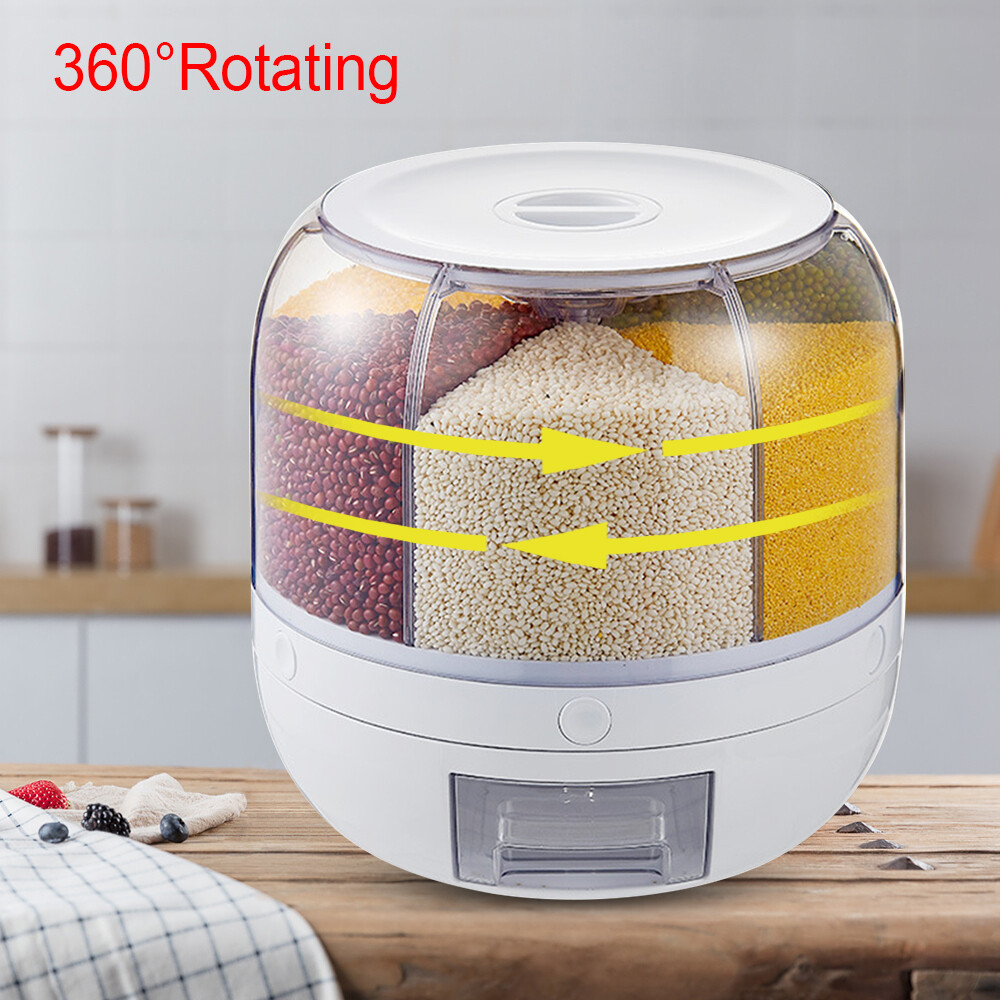 Rice Dispenser Dry Grain Food Storage Container Tank 6-Grid Rotating for Kitchen