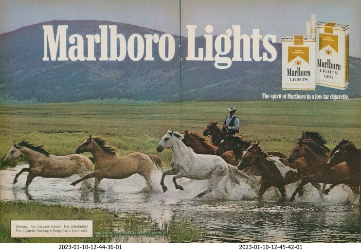 1980 Marlboro Lights Cigarettes Horses Rider Cowboy Stream Vintage Print Ad SI10