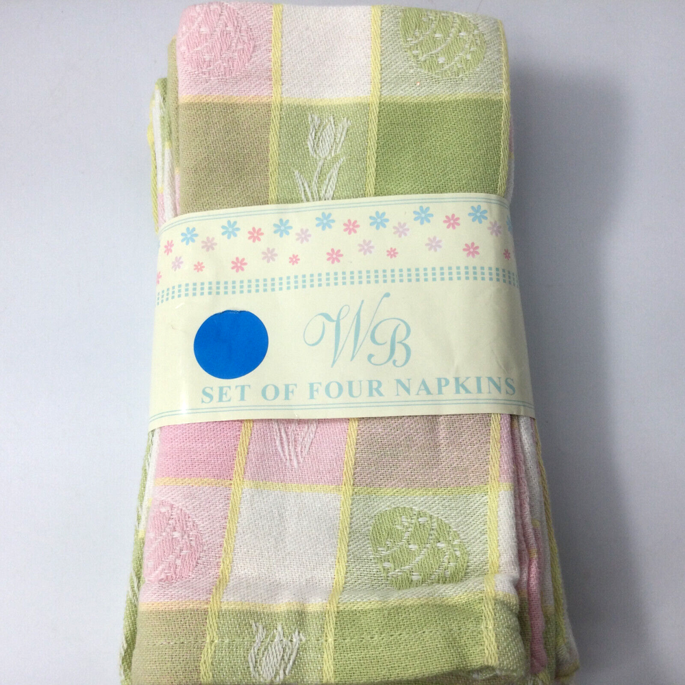 Cotton Table Napkins Set of 4 White Pink Green Spring Easter Eggs Tulips 18