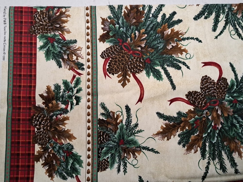 Christmas Fabric Pine Garland Red Borders Cotton by P&B Textiles 1999