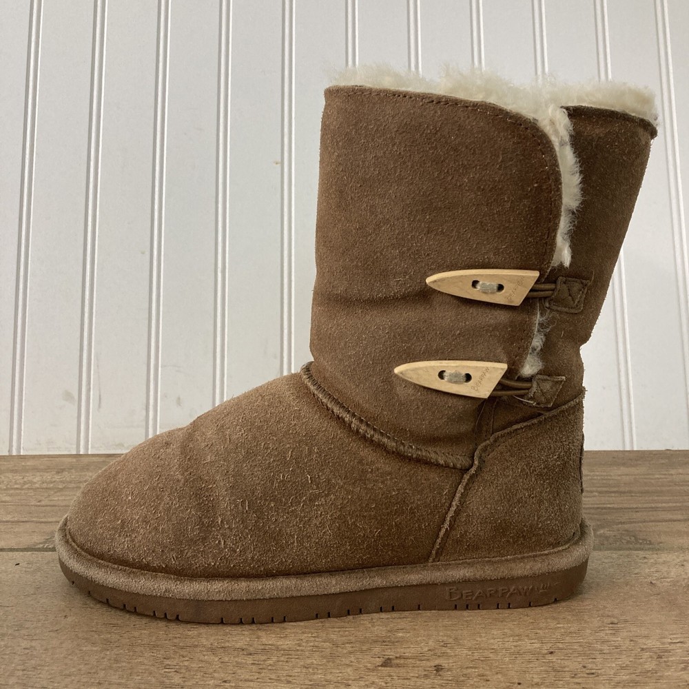 Bearpaw Abigail Brown Shearling Boots Size 8 Suede 9-Inch Pull On Booties-image