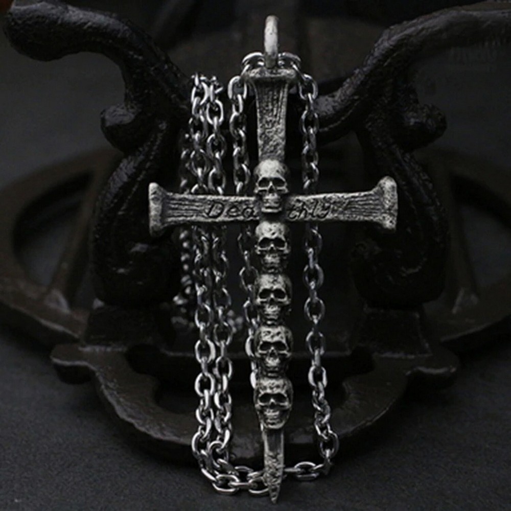 Vintage Gothic 5 Skull Cross Stainless Steel Halloween Unisex Necklace Chain Pendant