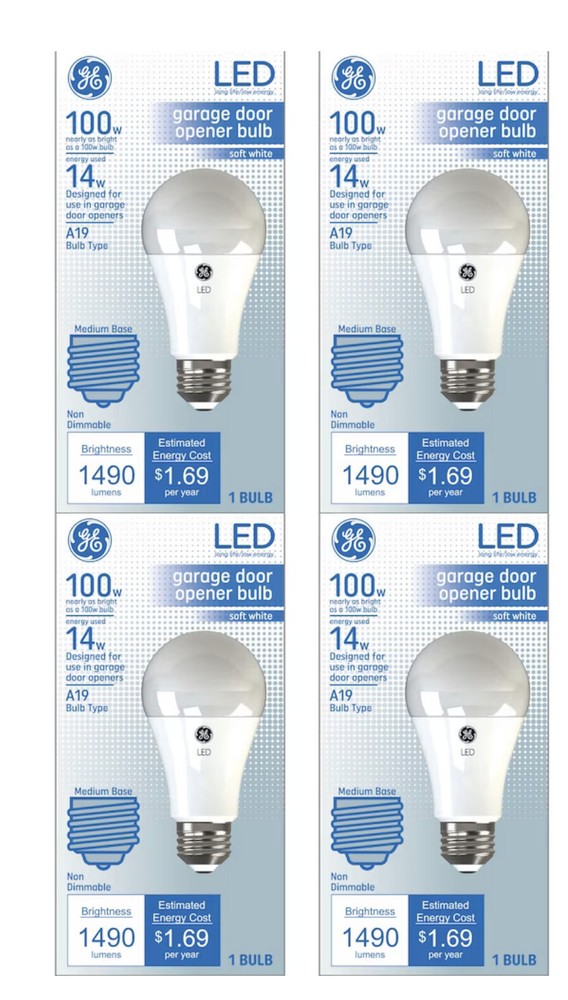 (case of 4) GE Lighting LED A19 Garage Door Opener Bulb, Frosted Soft White,