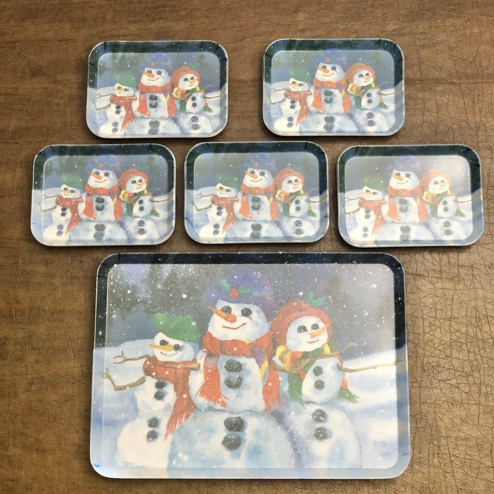 Set of 6 Keller Charles Melamine 5 Candy Dishes 1 Tray Snowman Winter Holiday