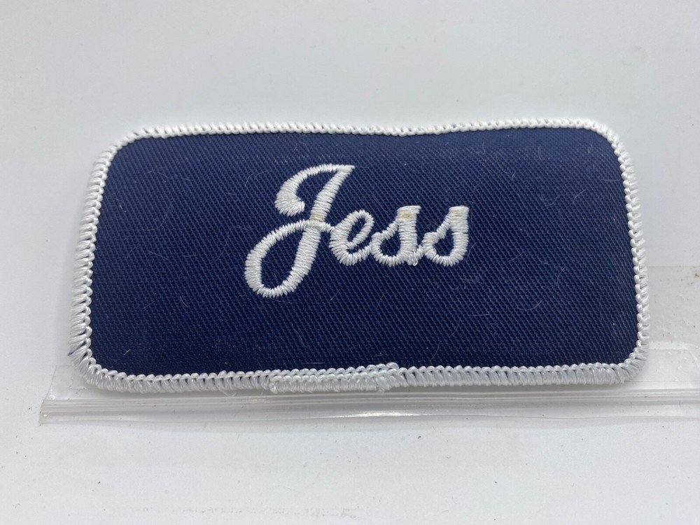 JESS  USED EMBROIDERED  SEW ON NAME PATCH TAGS  WHITE ON DARK BLUE