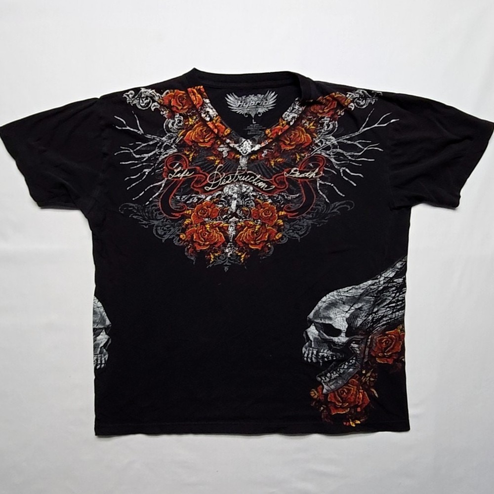 Skull Wings Gothic Graphic Tee Red Tattoo Affliction Style Y2K Large Shirt