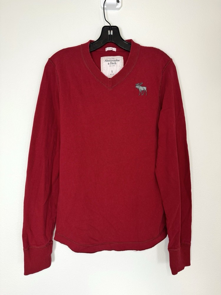 Mens ABERCROMBIE & FITCH Muscle Sweater Long Sleeve Shirt Red Retro Moose Logo L-image
