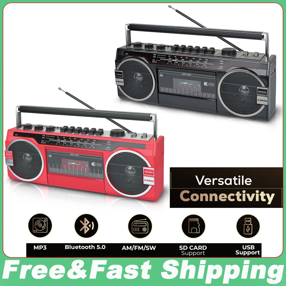 Retrobox 2 Way Speaker System Boombox w/Bluetooth, AM/FM/SW/USB, Cassette Player