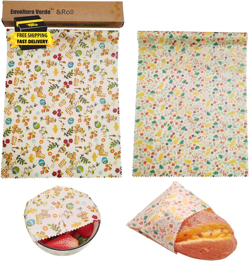 Envoltura de cera de abejas reutilizable de 2 rollos de 10