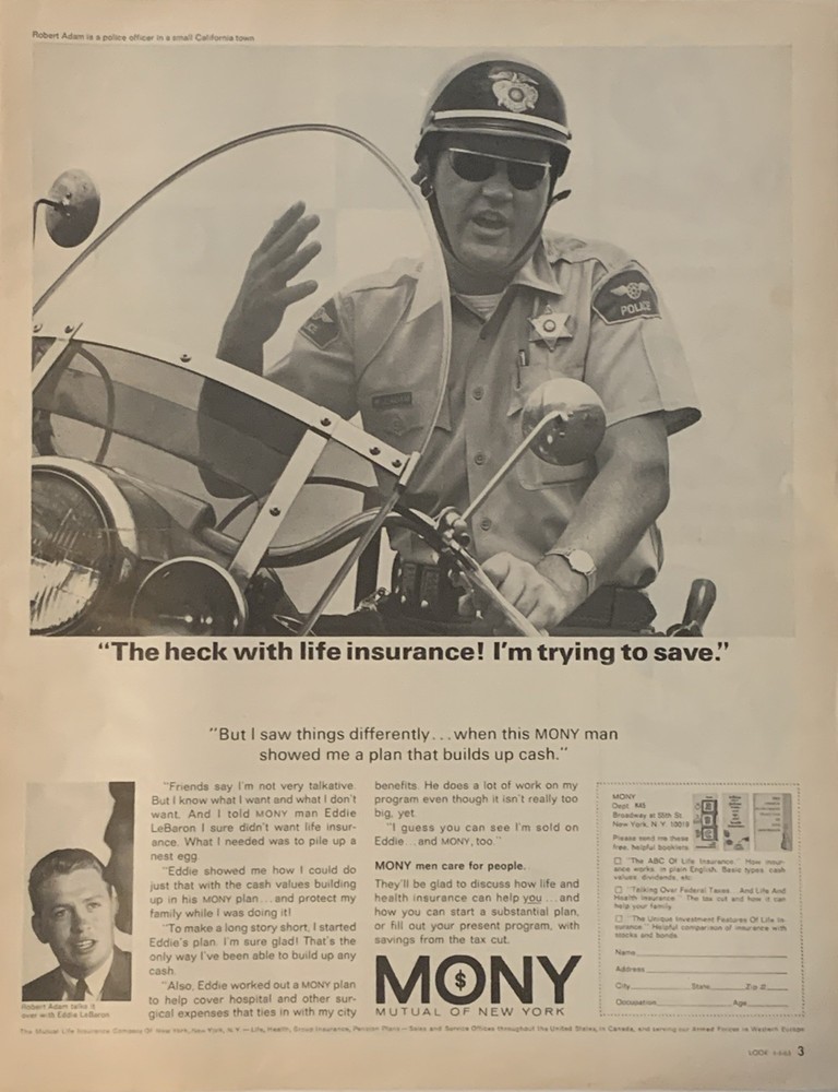 1965 Mutual New York Life PRINT AD Robert Adam California Police Officer VTG 60s
