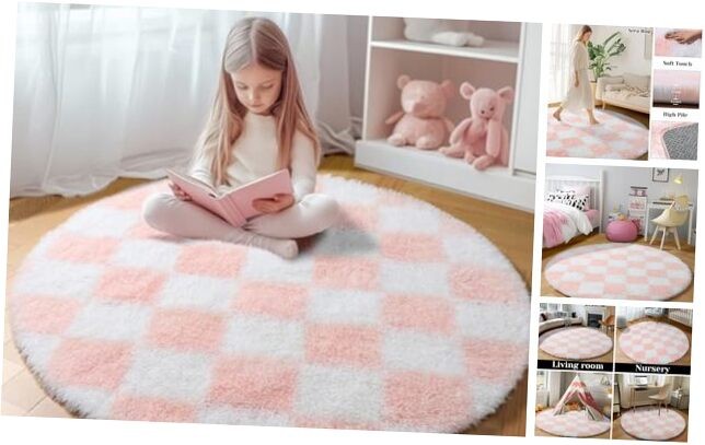 Pink Fluffy 4ft Round Rug for Girls Bedroom Soft Circle Area Rug