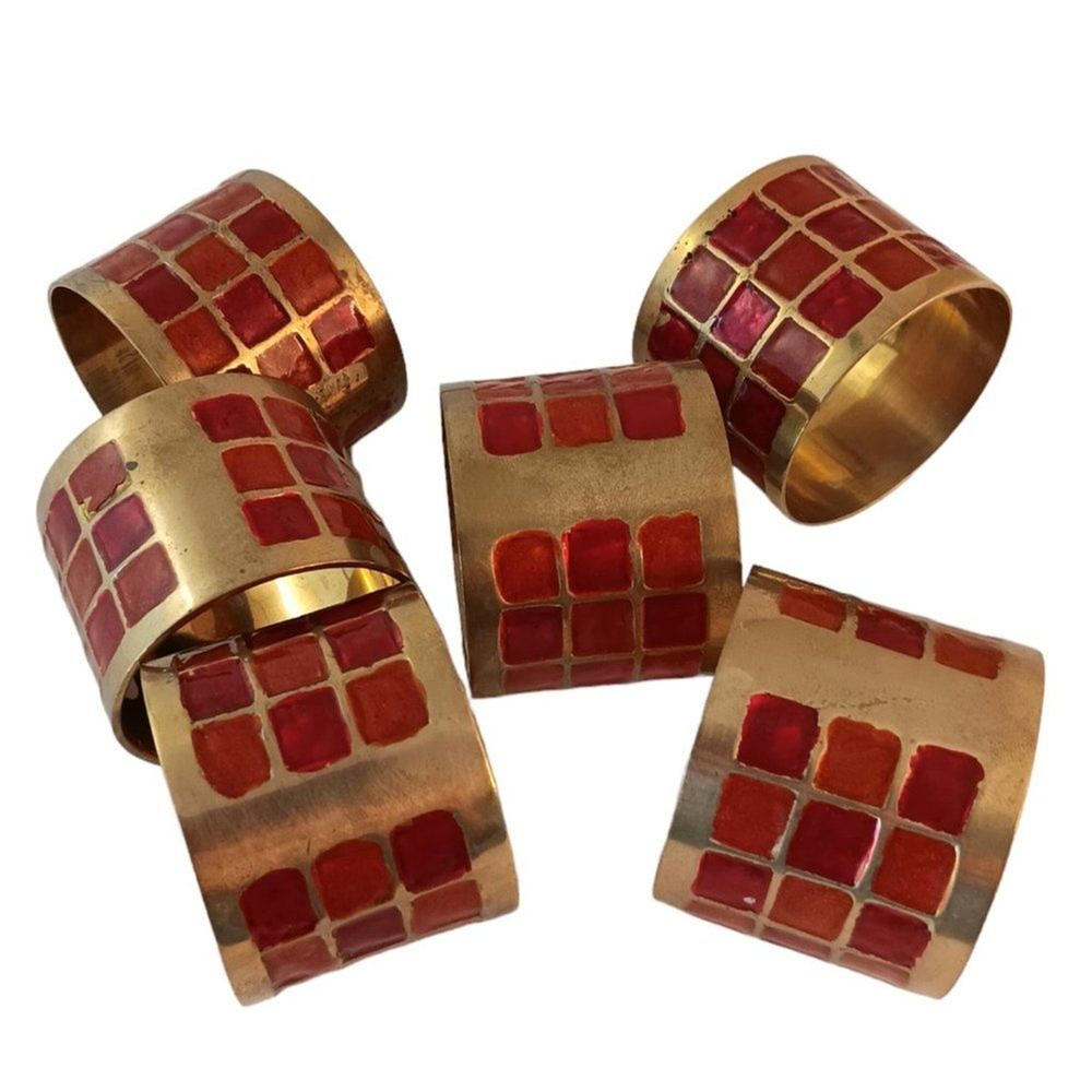Stylish Brass and Red Enamel Napkin Ring Holders by Pier One