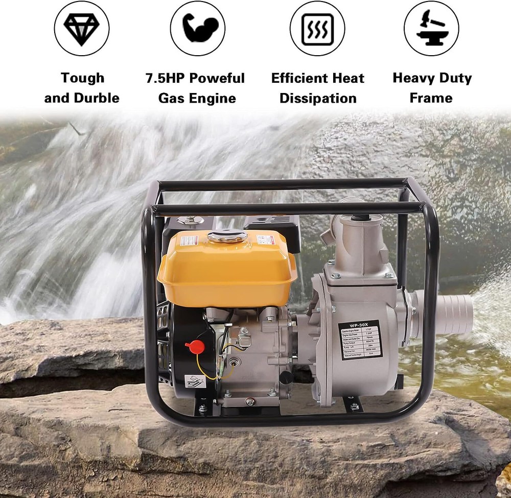 7.5 HP 3 Inch Gas Power Semi-Trash Water Pump High Pressure Garden Irrigation