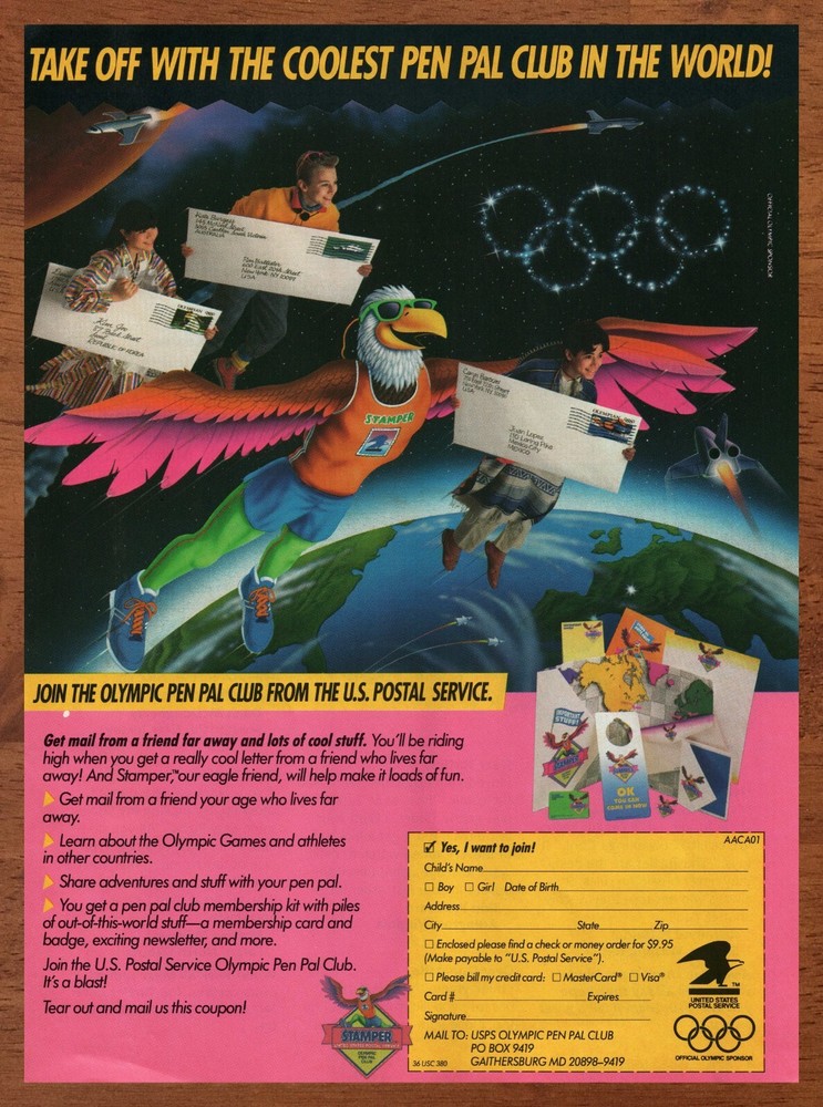 1992 US Postal Service Olympic Pen Pal Club Print Ad/Poster USPS Mail 90s Kids-image