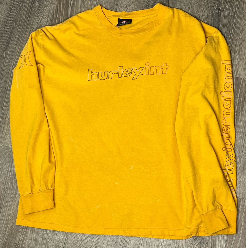 Vintage 90s Y2K Hurley T Shirt XL Spell Out Logo Long Sleeve Surf Skate USA Made
