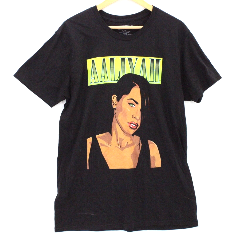 AALIYAH Shirt Mens Black Short Sleeve Big Logo Retro Graphic Cotton Size Large L-image