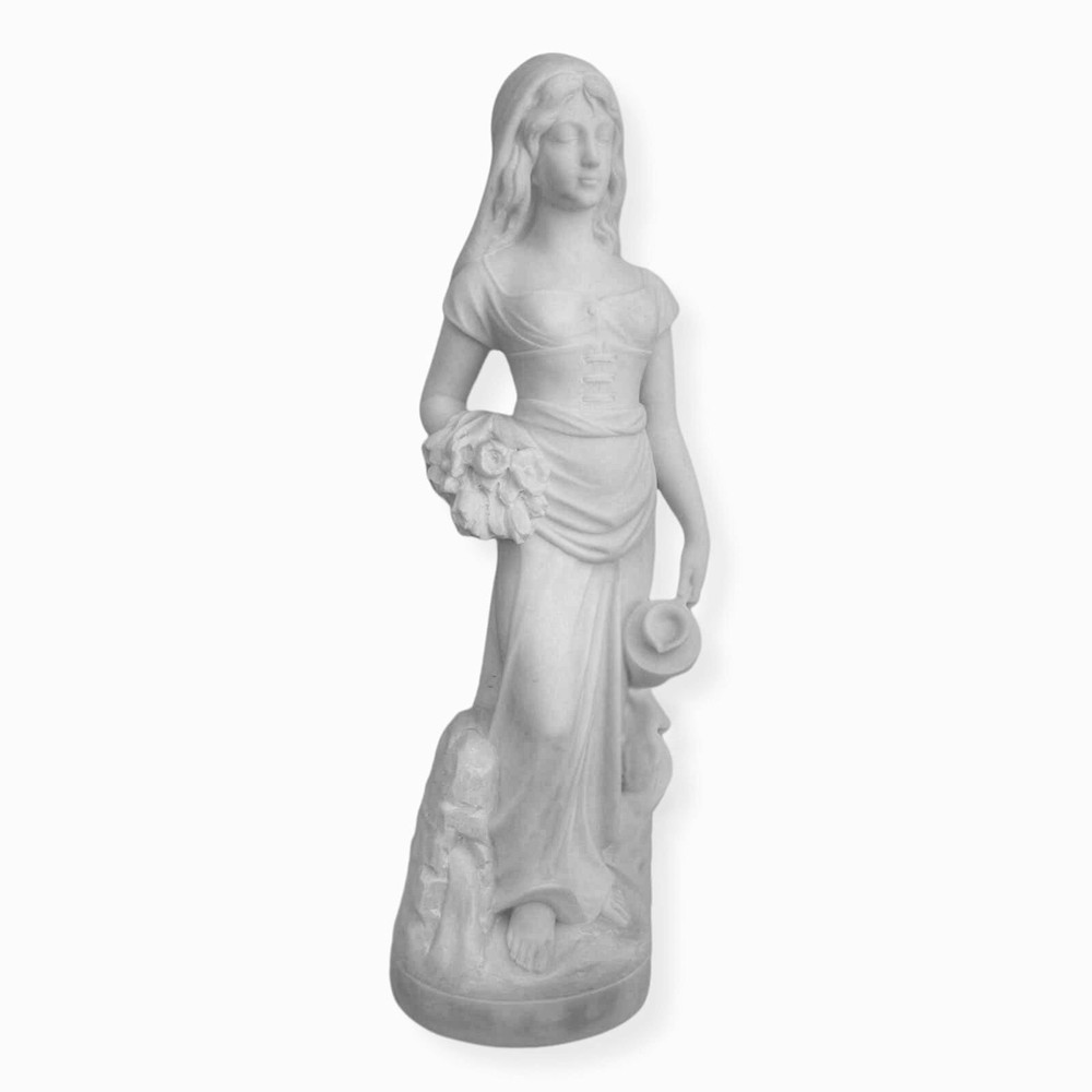 Sculpture Woman with Flowers and Jug White Marble Carrara Sculpture Woman H.65cm
