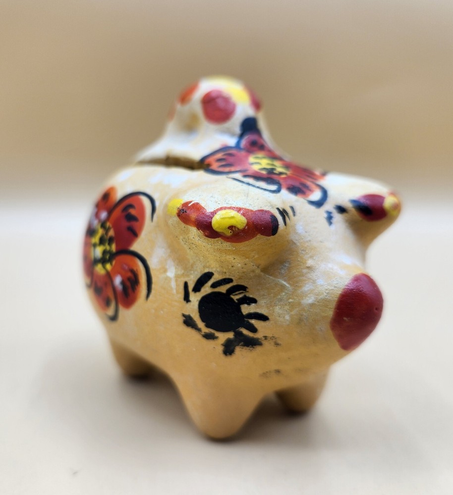 Vintage Mexican Ceramic Pig Piggy Bank With Handle, Hand Painted, 3