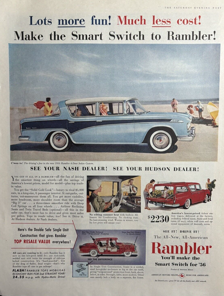 1956 Rambler Automobile American Motors 4 Door Sedan Custom Vintage Print Ad