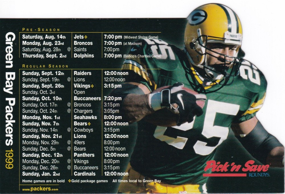 1999 Green Bay Packers NFL Football Magnet Schedule