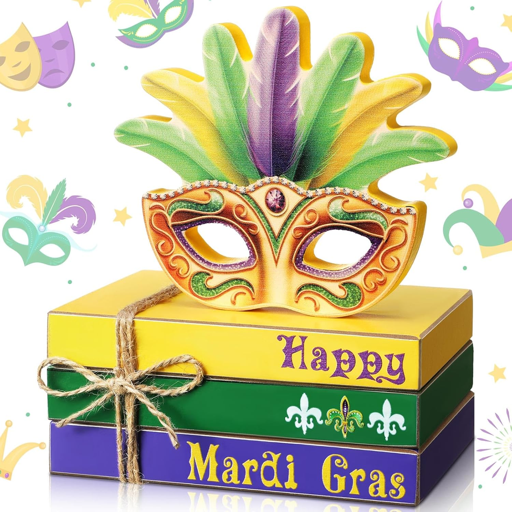 Mardi Gras Tiered Tray Decor Mask Book Stack Decor Green Yellow Purple Farmhouse