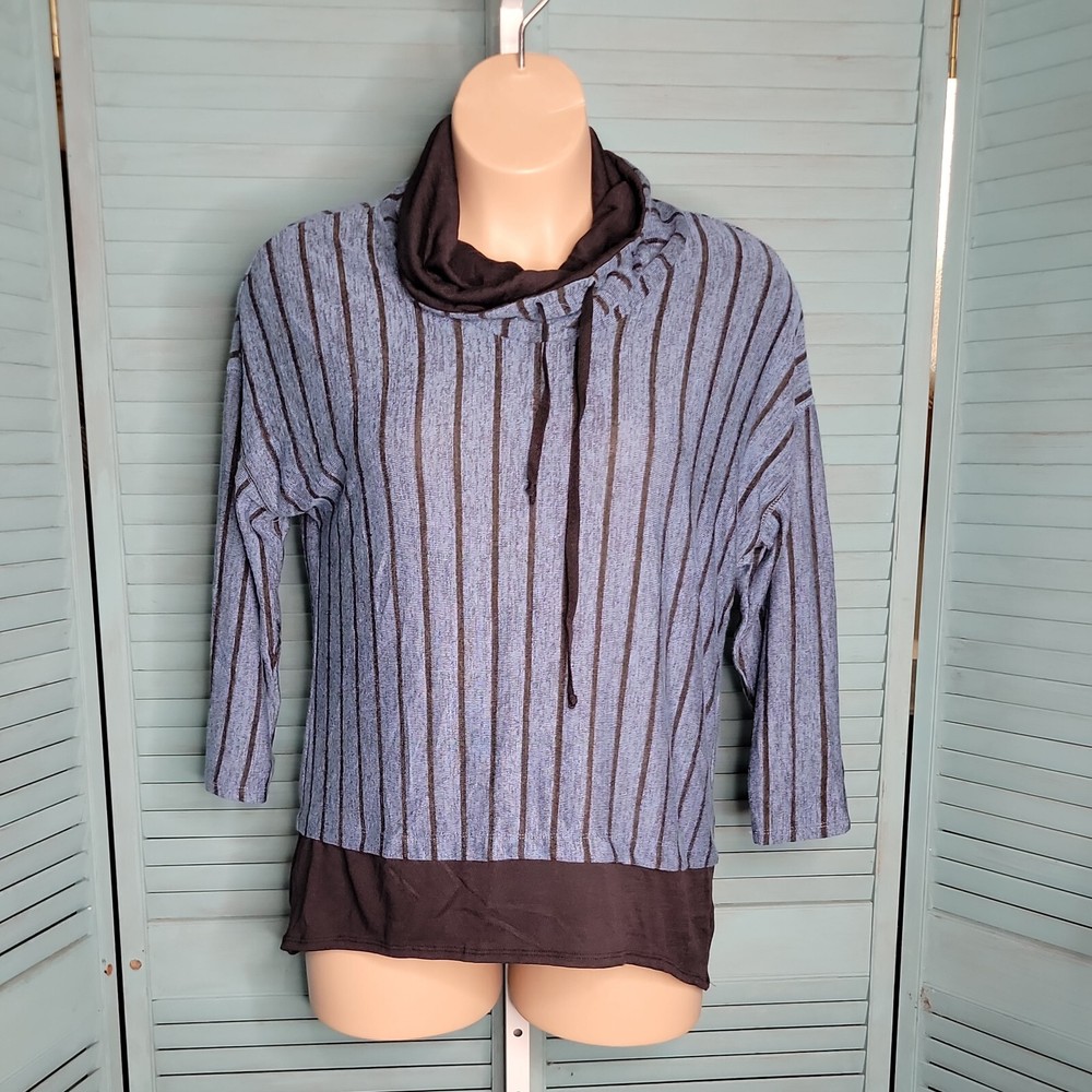 Elegant Olivia Blu High Neck 3/4 Sleeve Blouse in Blue & Black Size L