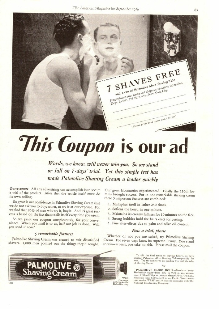 1929 Palmolive Shaving Cream 35 Cents Per Tube 