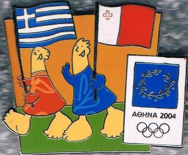 Nice LE 2004 Athens Mascots with EU Flags Malta Olympic Games Mark Pin
