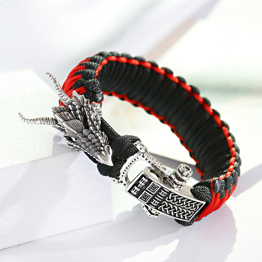 Vintage Silver Dragon Braided Paracord Camping Bracelet Men Hiking Accessories
