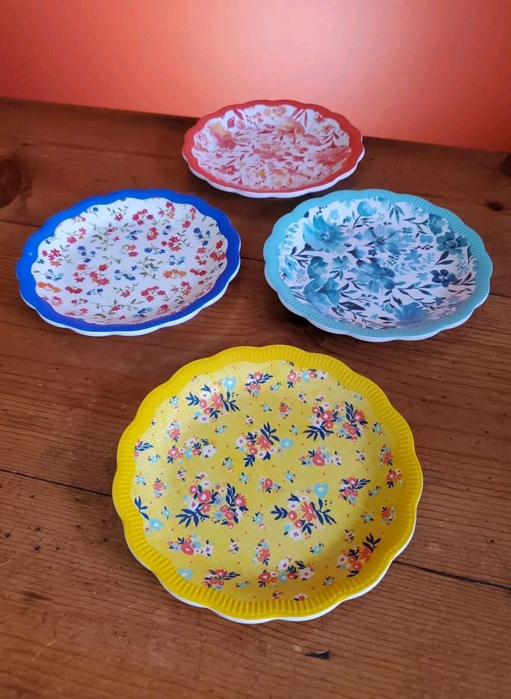 Set Of 4 Pioneer Woman Colorful Floral Melamine Appetizer/Salad Plates 6 1/2 