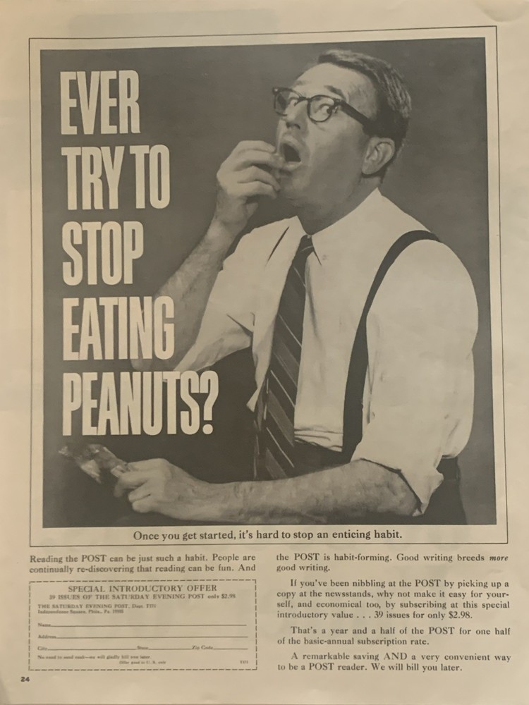 1965 Saturday Evening Post PRINT AD Subscription Promo - Eating Peanuts VTG 60s