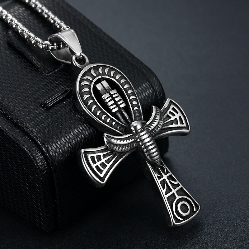 Mens Egyptian Ankh Cross Pendant Necklace Punk Jewelry Stainless Steel Chain 22