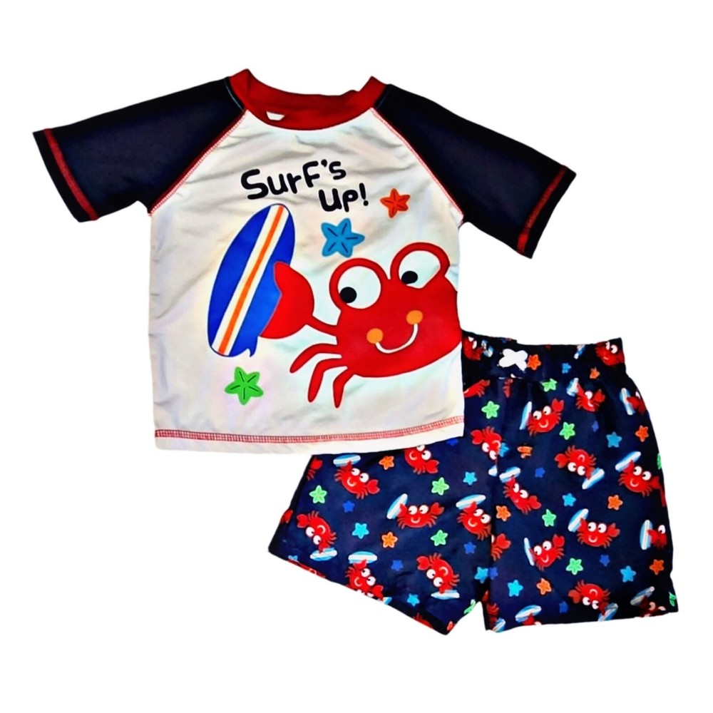 Swim Shorts & Shirt Set 12 Months Toddler Infant Surf's Up Crab Red White Blue