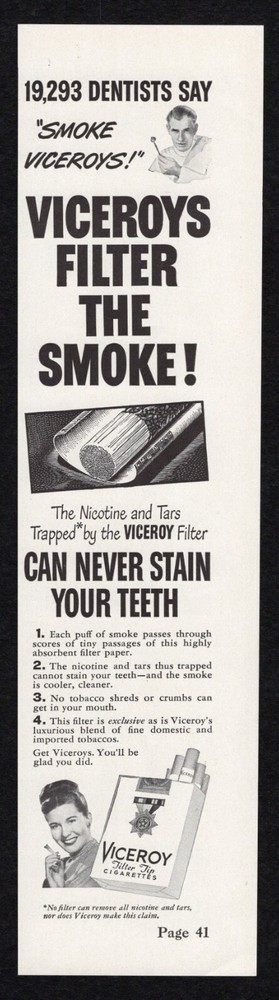 1948 Viceroys Cigarettes Filter Smoke Dentists Say Never Stain Teeth Print Ad