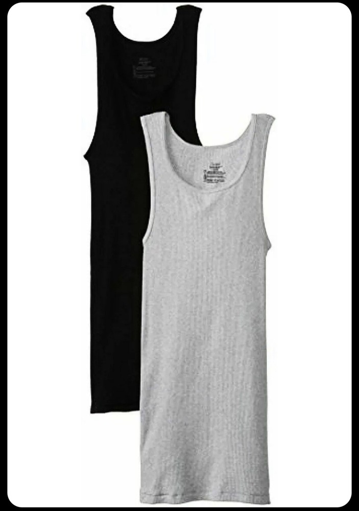 Men’s Hanes L 42-44” 2ct Tagless Tanks - Black/Grey undershirts NWT finished hem