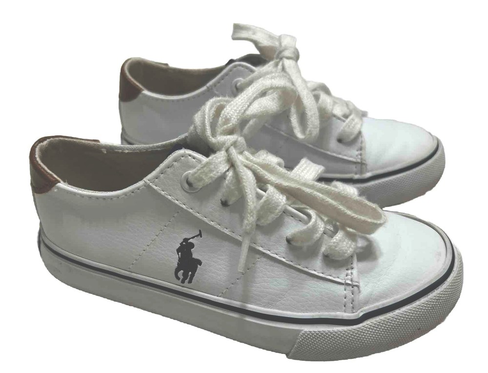 Ralph Lauren Polo Kids White Embroidered Pony Leather Sneakers Low Top Size 11