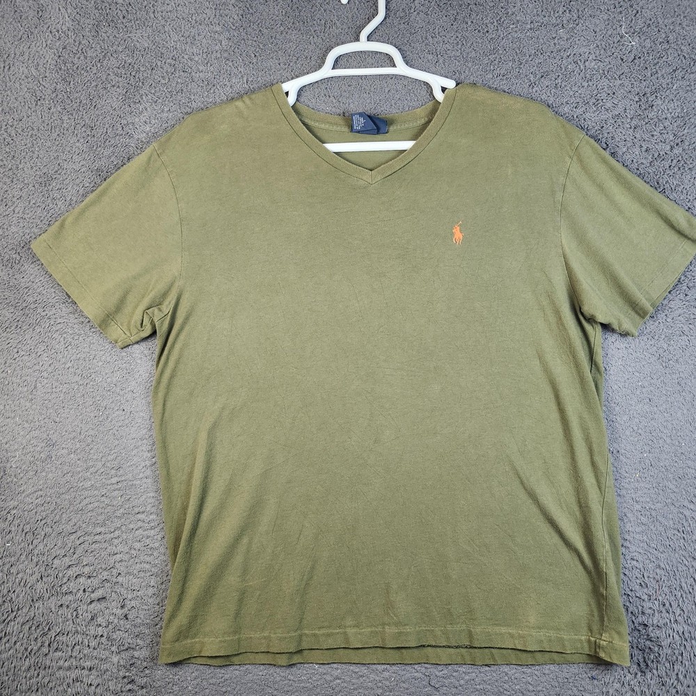 Polo Ralph Lauren Shirt Mens Large Olive Green V Neck Orange Pony Logo Cotton