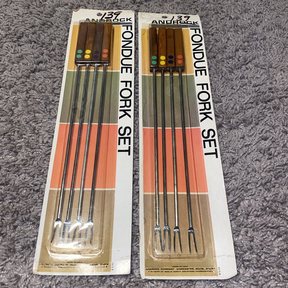 SET OF 2! Androck Fondue Fork Set Vintage USA  Wood Handle Retro! NEW! SEE!