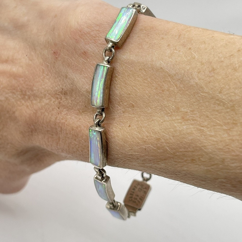 950 Sterling Silver White Fire Opal Monte Taxco Mexico Chain Inlay Bracelet 7.5