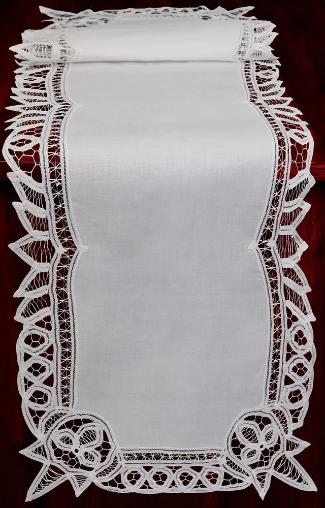 White Cotton Battenburg Lace Table Runner 16x70 Inch Dresser Scarf