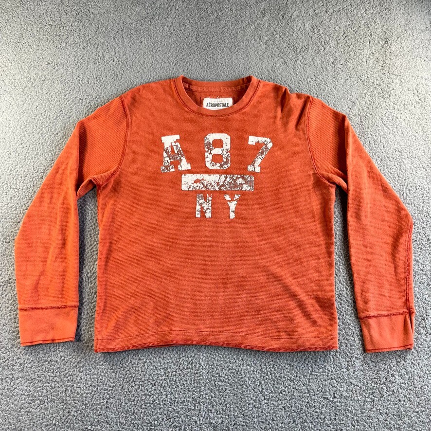 NEW Aeropostale T Shirt Mens XL Orange Pullover Thermal Waffle Knit Graphic