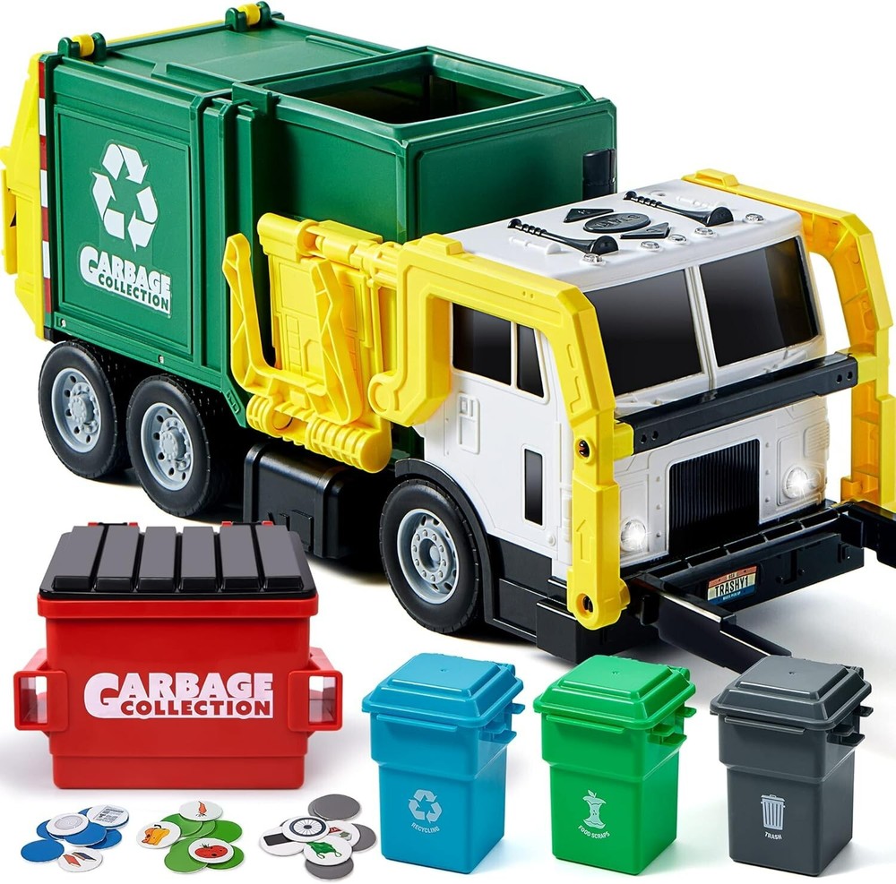 Friction Powered Garbage Truck Toy Set,Dumpster,Trash Bins & Learning Cards-NEW!